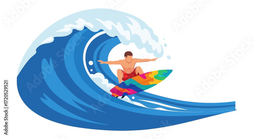 A surfer skillfully rides a large blue wave, showcasing a colorful surfboard and athletic prowess.