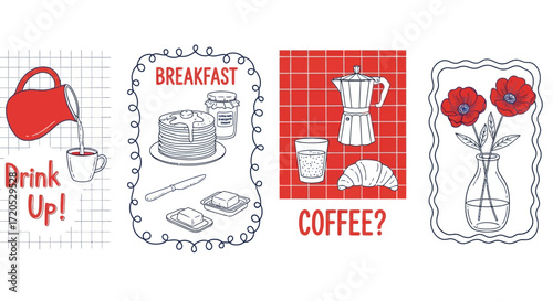 Four breakfast themed illustrations: drink, pancakes, coffee, and flowers.