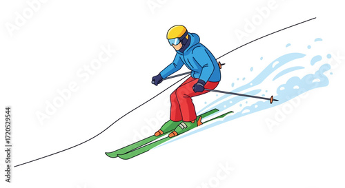 Cartoon illustration of a person skiing downhill on a snowy mountain slope, wearing winter sports gear.