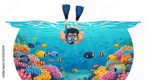 Illustration of a man snorkeling in a coral reef with colorful fish.
