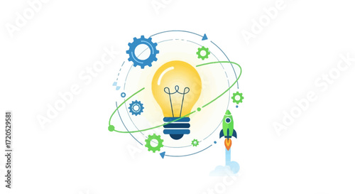 Innovation concept image with lightbulb, gears, and rocket.