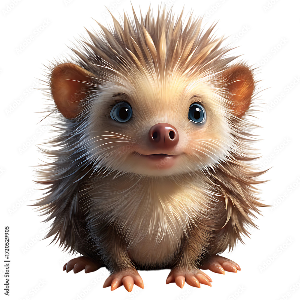 Fototapeta premium Adorable baby porcupine with soft quills and big blue eyes cutout png isolated on a transparent background