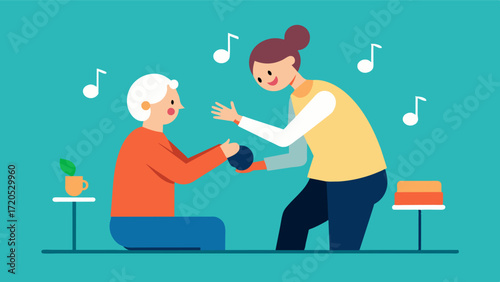 A music the working with a person with Parkinsons disease using rhythm and movement to help improve motor skills and coordination.. Vector illustration