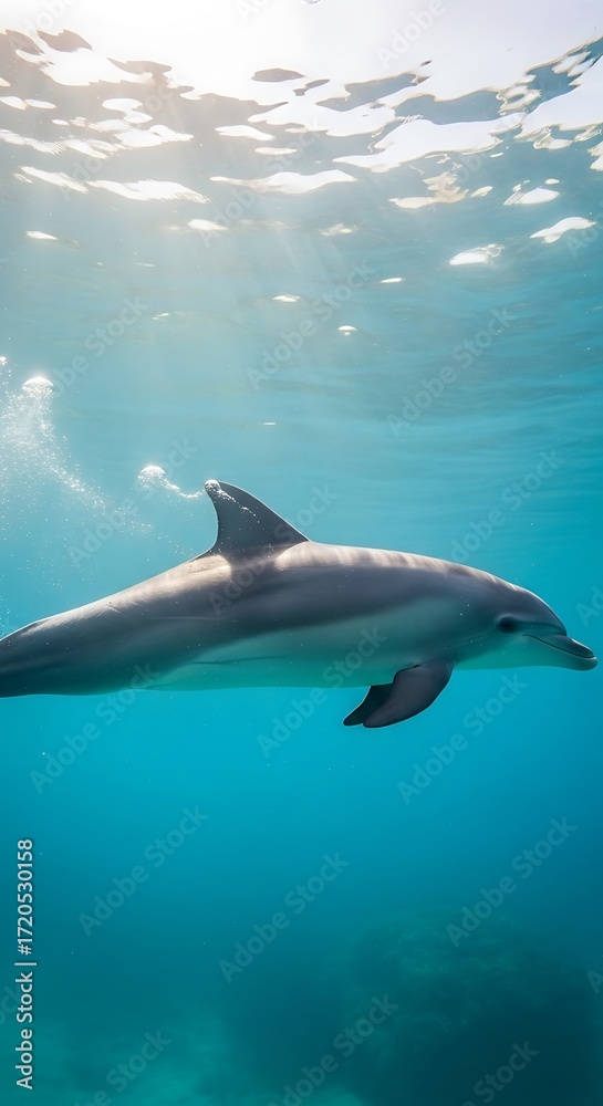 Fototapeta premium A serene bottlenose dolphin gracefully glides through the turquoise depths, illuminated by sunlight filtering through the water's surface.