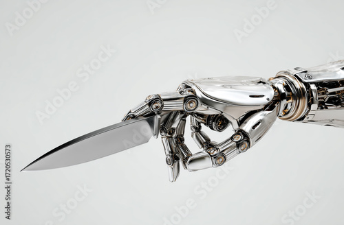 Robotic hand holding a sharp serrated knife isolated on white background