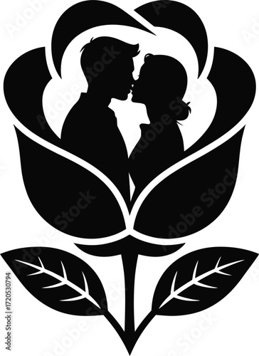 Romantic couple in silhouette embracing with a rose symbolizing love and affection silhouette