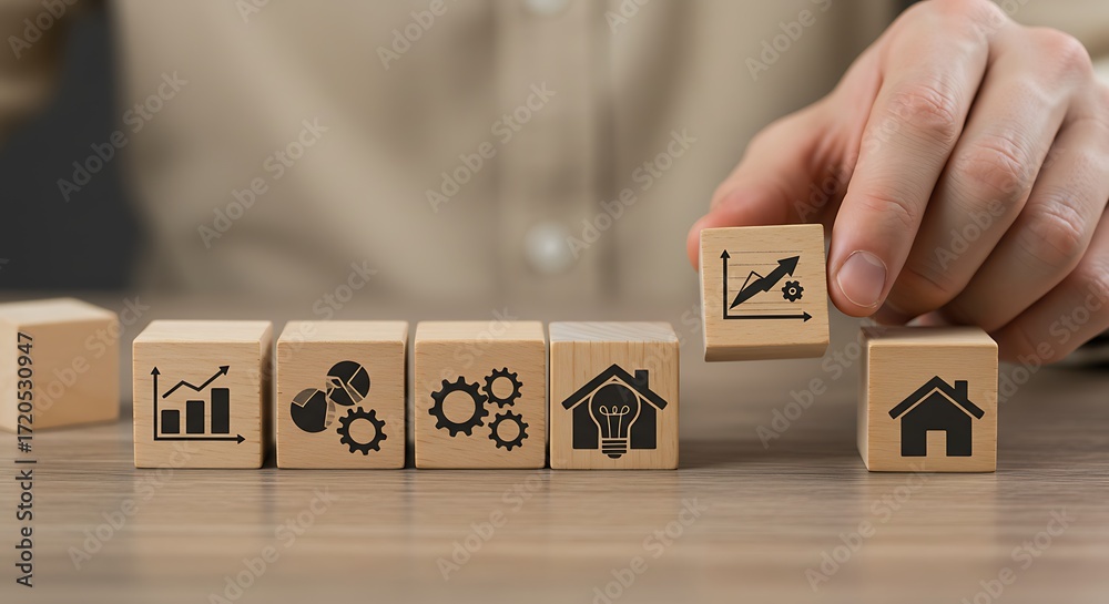 Naklejka premium Hand Arranging Wooden Blocks Showing Business Process and Home Concept