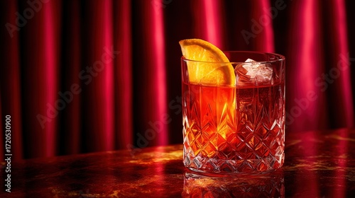 Vertical Shot of Negroni in Vintage Crystal Glass with Orange Garnish against Red Velvet Curtain, Dramatic Lighting for Sophisticated Cocktail Bar Atmosphere
