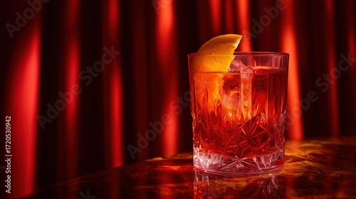Vertical Shot of Negroni in Vintage Crystal Glass with Orange Garnish against Red Velvet Curtain, Dramatic Lighting for Sophisticated Cocktail Bar Atmosphere