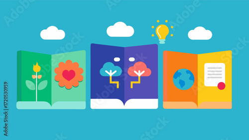 A series of interactive storybooks with different themes and settings designed to cater to various age groups and stimulate different areas of the brain.. Vector illustration