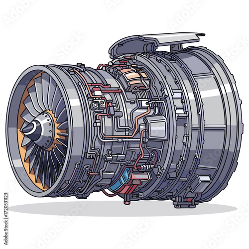Vector Illustration of Jet Engine in Modern Style with Technical Detail and Metallic Colors