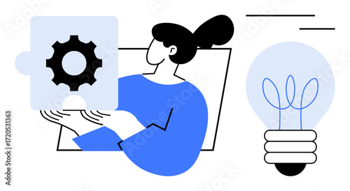 Wallpaper Mural Woman holding gear puzzle piece symbolizing collaboration and problem-solving, light bulb next to her for inspiration. Ideal for innovation, teamwork, brainstorming, strategy, business, creativity Torontodigital.ca