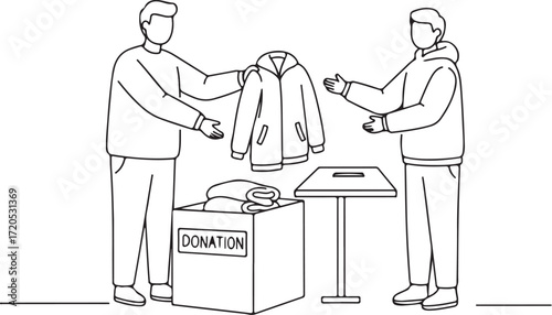 A line art drawing of a person donating a coat to another person.