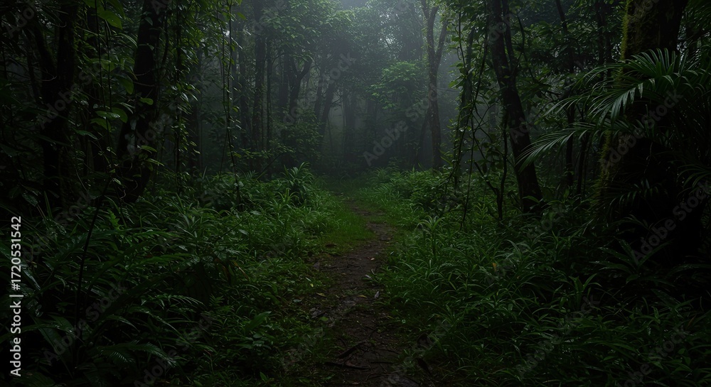 Fototapeta premium Lush Tropical Rainforest Path with Misty Atmosphere and Vibrant Green Foliage Abundance