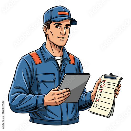 Vector Illustration of Delivery Person in Modern Style with Cap Uniform Holding Tablet and Clipboard