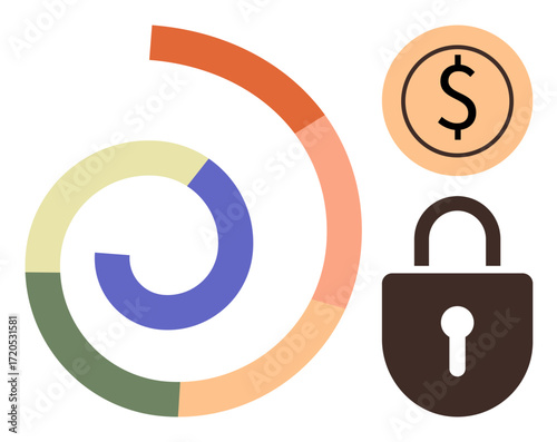 Circular segmented graph, padlock, and dollar sign. Ideal for finance, security, investment, data protection, analytics cybersecurity and growth. Simple flat metaphor
