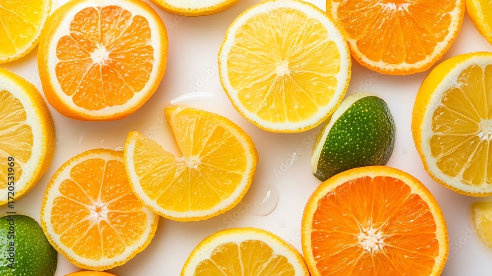 Fototapeta premium Sliced Citrus Fruits Pattern Vibrant Orange, Lemon, and Lime Halves on White Surface