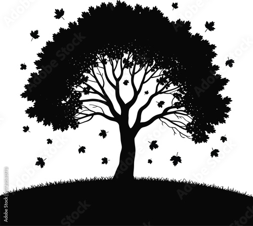 Autumn tree silhouette with falling leaves in a stylized design