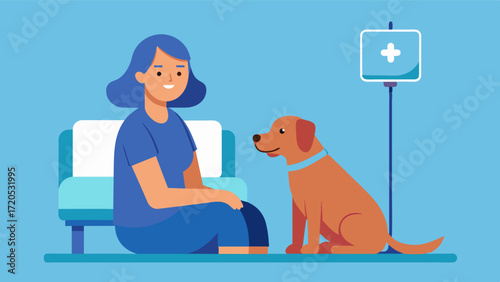 A therapy dog sitting patiently next to a woman in a hospital helping to calm her anxiety as she recalls forgotten memories of her family.. Vector illustration