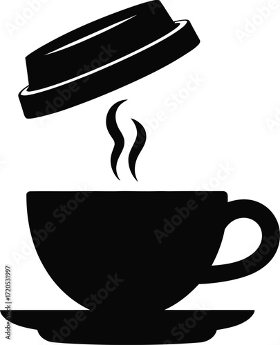 Simple black silhouette of a steaming coffee cup with a lid