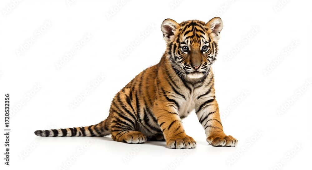 Obraz premium Adorable tiger cub sits calmly against bright white background. AI Generated