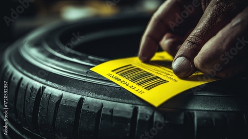 Hand placing barcode label on new car tire in workshop setting
