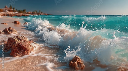 Stunning Turquoise Waves Crashing on a Sandy Beach, Coral Rocks, Tropical Paradise