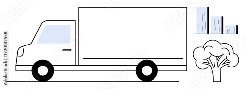 Delivery truck driving beside urban buildings and tree, representing transport, logistics, city infrastructure, eco-conscious systems, goods delivery, urban business, and minimalistic design as