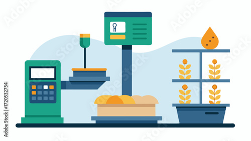 A smart weighing system that accurately measures and records the weight of grains enabling precise inventory management.. Vector illustration