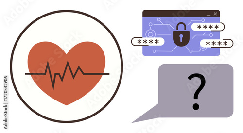 Red heart with ECG line, secure login interface, and question bubble. Ideal for healthcare, cybersecurity, data protection, digital health, privacy debates medical ethics tech concerns. Simple flat