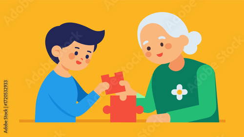 A photograph of a young boy helping his elderly grandmother with a puzzle demonstrating the positive effects of intergenerational activities on brain function.. Vector illustration