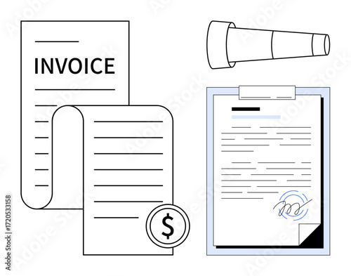 Invoice, receipt with dollar icon, signed contract on clipboard, and magnifying glass. Ideal for finance, accounting, contracts, documentation, payment processing auditing business organization