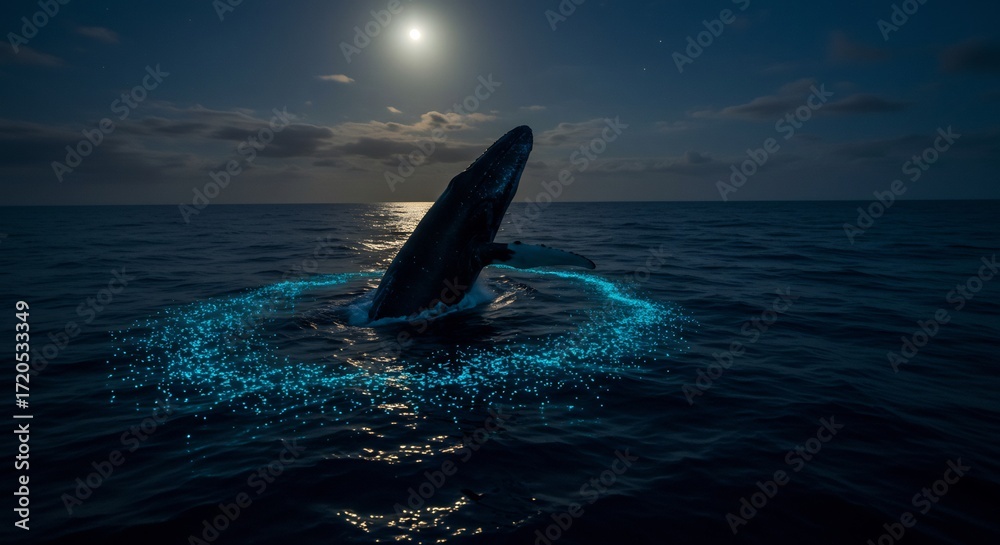 Fototapeta premium Whale breaches majestically under moonlit sky bioluminescent ocean trail glows. AI Generated