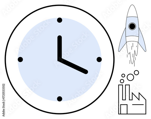 Large clock with bold hands, ascending rocket emitting flames, factory gears. Ideal for time management, productivity, innovation, workflow, efficiency goal setting industrial progress. Simple flat