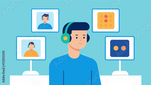 A man is shown looking at a series of pictures on a screen while wearing headphones. As the pictures change he has to press a button to indicate if the image is familiar or new to. Vector illustration
