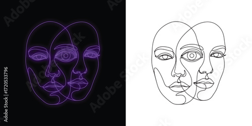 Discover duality with this modern neon face line art for posters and branding now