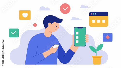 A person setting reminders on their phone to use their cognitive therapy app throughout the day for consistent practice. Vector illustration