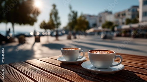 Two Cappuccino Cups on Wooden Table with Sunlit Cafe Background Warm Tones Blurred Urban Street Scene and Soft Lighting for Adobe Stock Photo