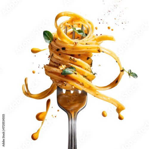 Delicious pasta twirled on a fork with sauce splashes isolated on transparent background