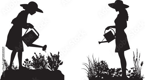 Silhouette gardening women watering plants garden care hobby black and white image
