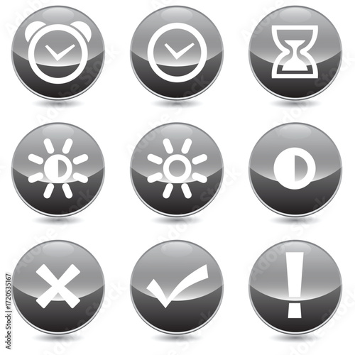 Set of 9 Time and clock vector linear icons set. clock, alarm clock, brightness, sun, right, wrong, exclamation icons. Isolated collection for web sites icon on grey rounded background