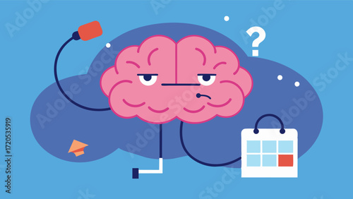A frustrated brain struggling to remember details from a complex interactive story highlighting the challenge of exercising our memory and critical thinking skills.. Vector illustration