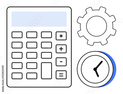 Calculator, gear, and clock signifying efficiency, accounting, time management, and planning. Ideal for productivity, business finance, organization budgeting workflow optimization simple flat