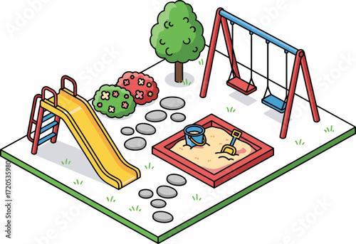 Colorful isometric playground scene with slide swings and sandbox