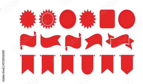 A collection of red vector banners, ribbons, labels, and tag shapes for promotion and design. Isolated graphic elements set on a white background