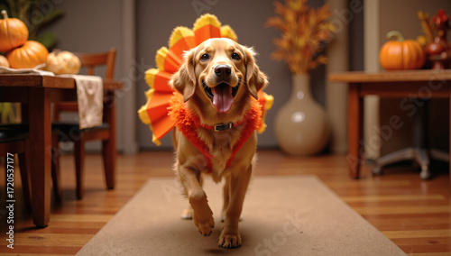 Happy Golden Retriever in Turkey Costume Running on Studio Set, Joyful Pet Thanksgiving