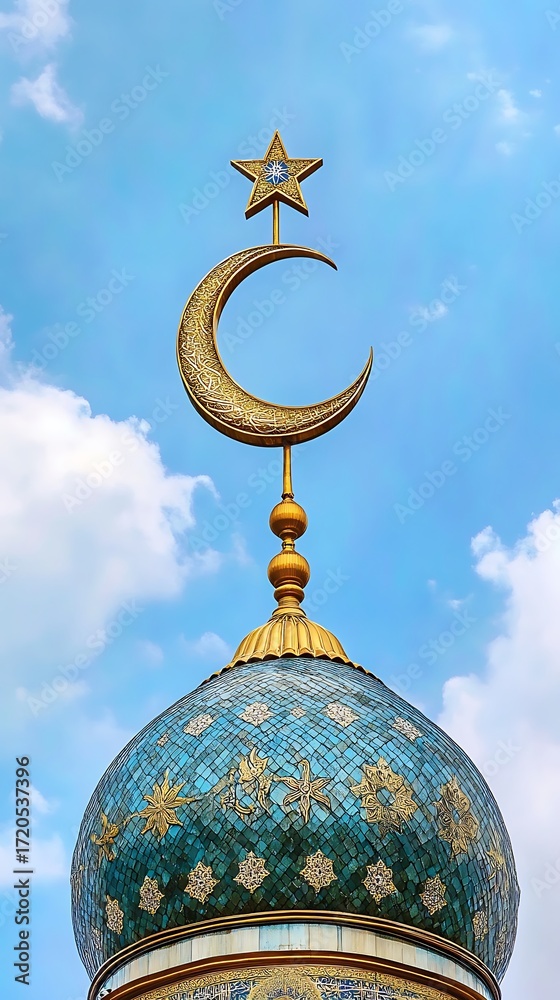 Obraz premium Mosque Dome with Golden Crescent and Star, Islamic Architecture against Cloudy Sky