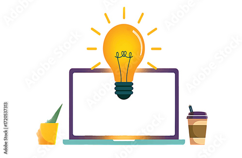 Digital Innovation Laptop with a Lit Lightbulb Above, Symbolizing Creative Ideas and Technology