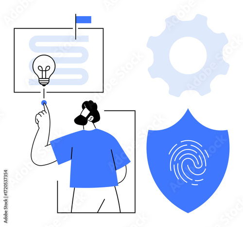Male figure pointing to lightbulb symbol with wavy path, shield with fingerprint icon, and gear. Ideal for innovation, strategy, cybersecurity, protection, planning, creativity and development
