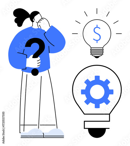 Woman holding a question mark, thinking near lightbulbs symbolizing financial ideas and innovation. Ideal for problem-solving, innovation, creativity, strategy, decision-making, entrepreneurship